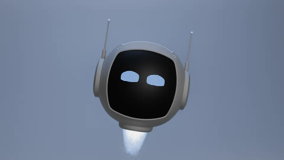 Lebdeći srebrni robot sa svjetlećim plavim očima na plavoj pozadini.