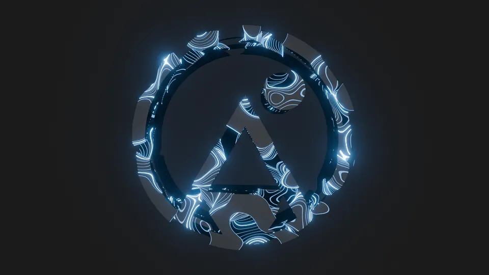 Apstraktni plavi energetski prsten oko svjetlećeg trokutastog logotipa.