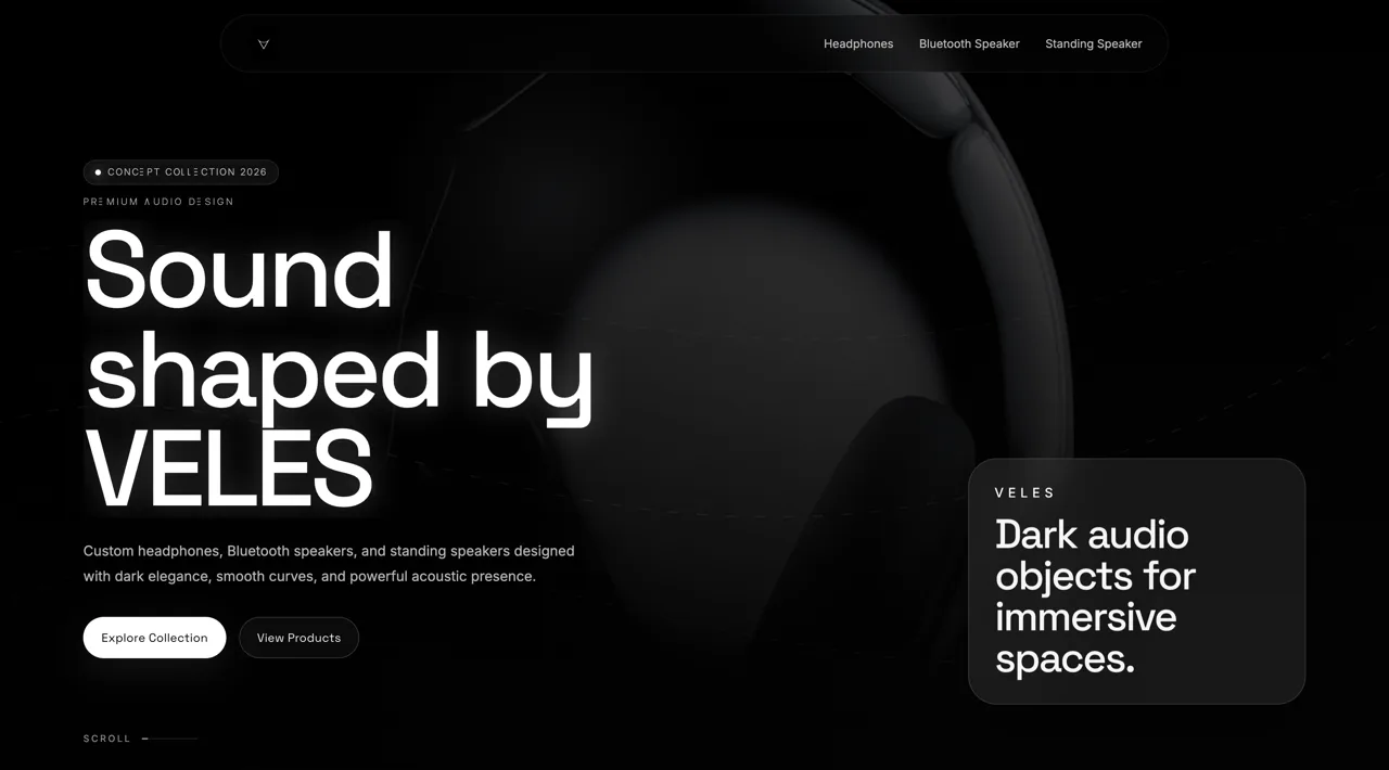 VELES — Objavljeni web projekt s atmosferičnim vizualima, izraženim kreativnim smjerom i uglađenim responzivnim sučeljem. VELES spaja upečatljiv prvi dojam, pregledno korisničko iskustvo i postavljanje na platformi Vercel.